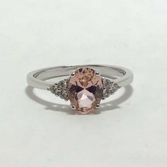Sterling Silver Ring Size 7 Simulated Morganite Peachy Pink CZ 6x8mm Stone - Picture 7 of 12